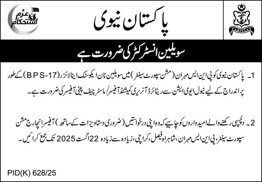 Pakistan Navy Civilian Instructor Jobs 2025 Advertisement