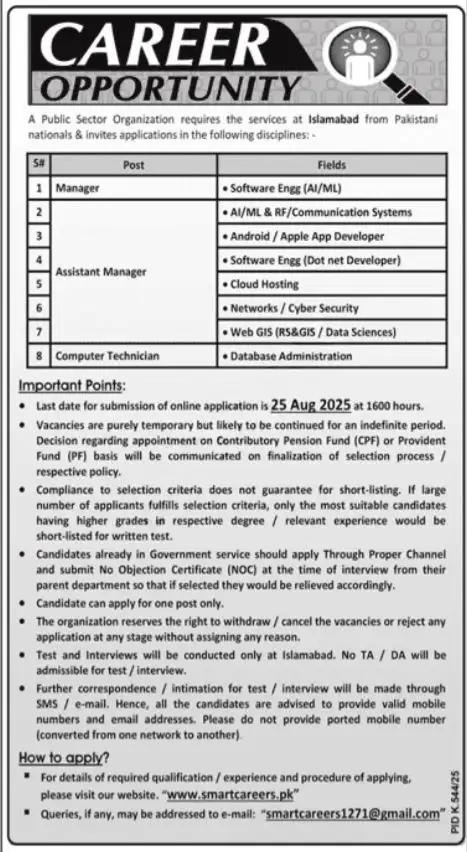 Public Sector Organization Islamabad Jobs 2025 Advertisement