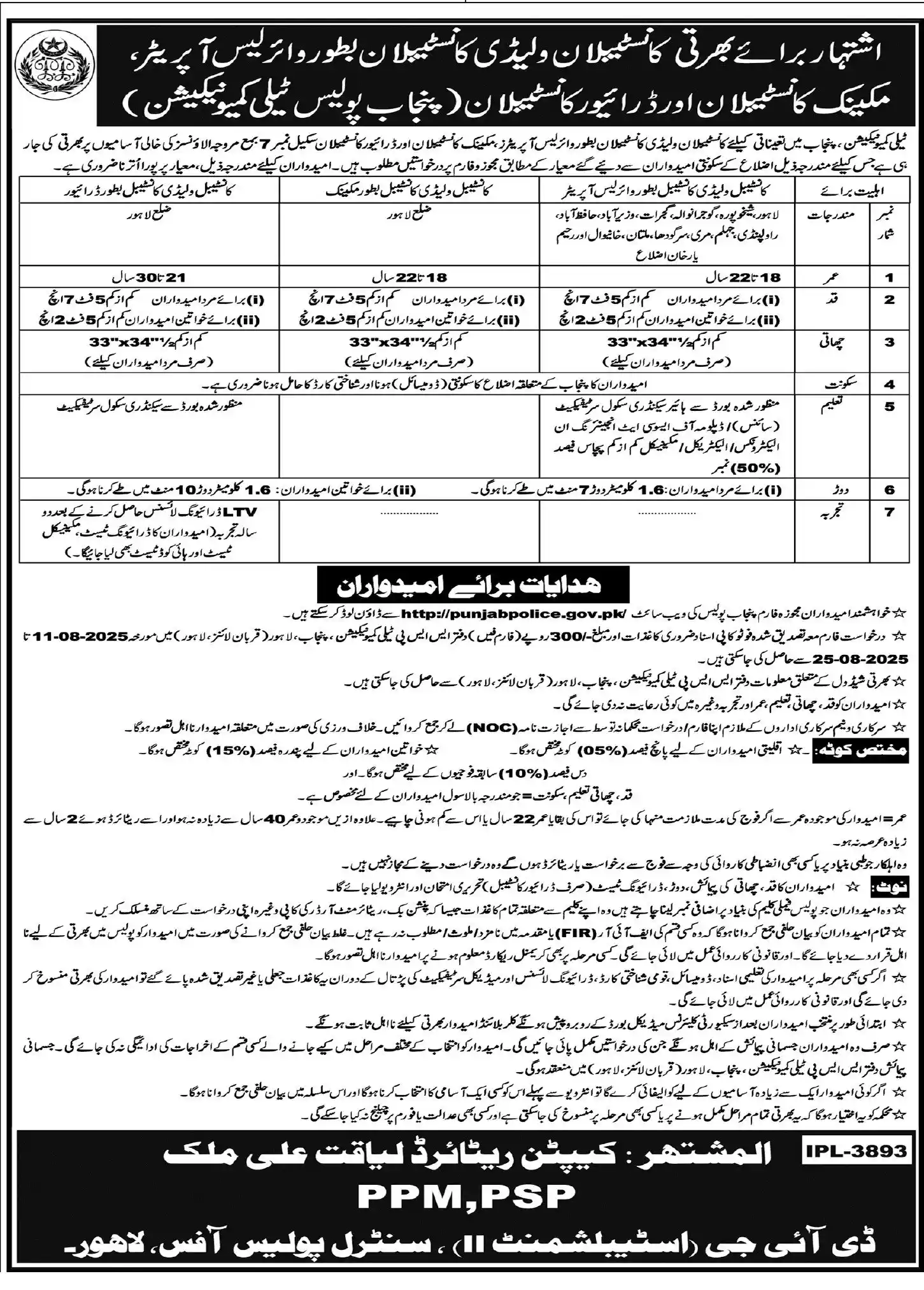 Punjab Police Drive Constable Jobs 2025 Advertisement