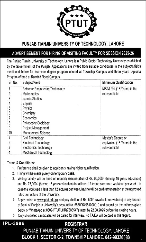 Punjab Tianjin University Of Technology PTUT Jobs 2025 Advertisement