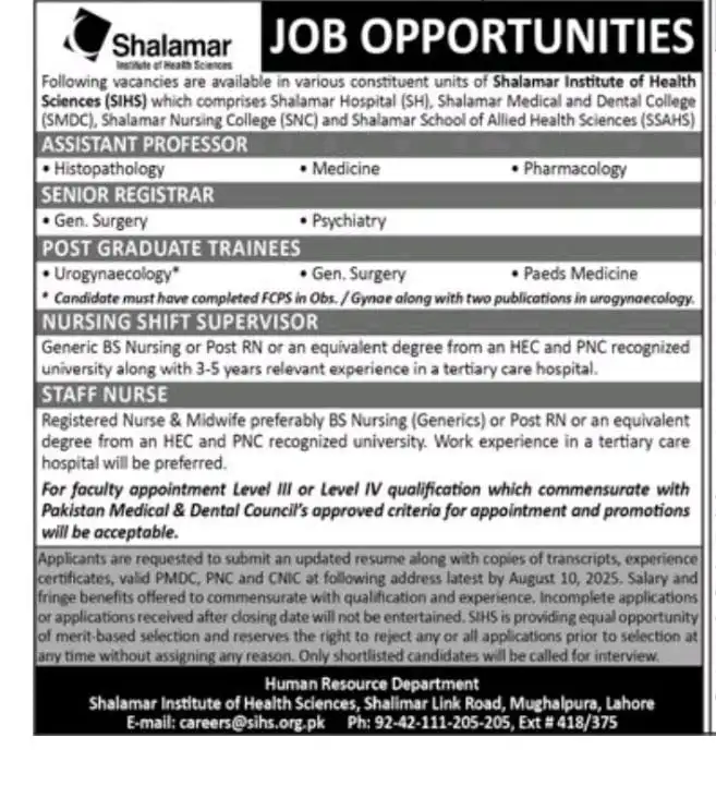 SIHS Jobs 2025 Advertisement