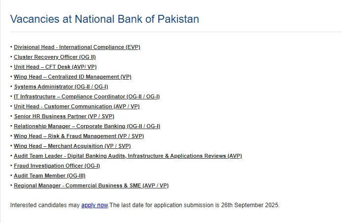 Latest National Bank of Pakistan NBP Jobs 2025 Today Advertisement