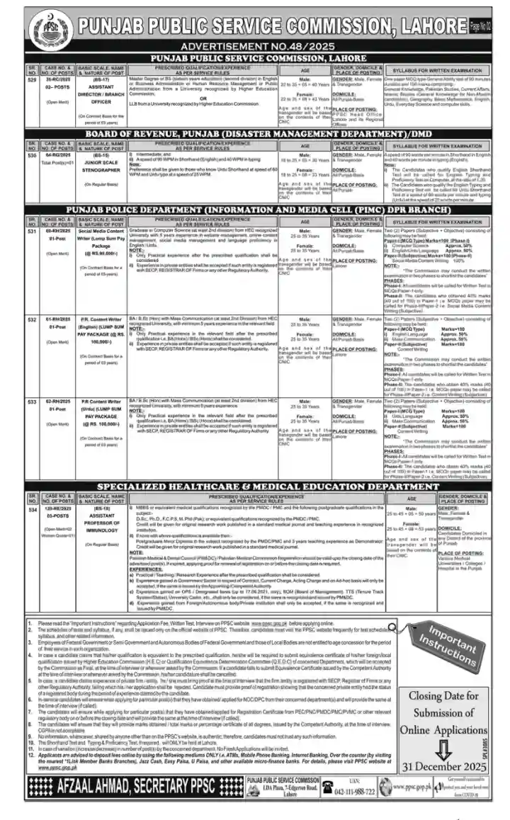 Latest PPSC Jobs Advertisement 482025