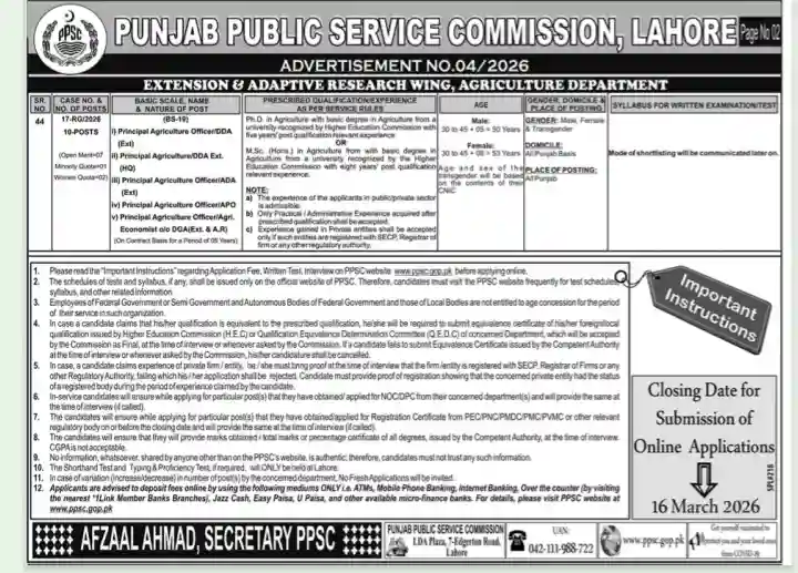 PPSC Lahore Jobs Advertisement No 042026