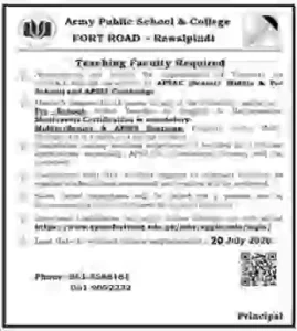 Army Public School & College Fort Road Rawalpindi Jobs 2026 APS Teaching Faculty Apply Online Ad