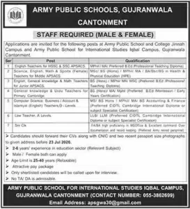 Army Public Schools & College Gujranwala Jobs 2026 Advertisement