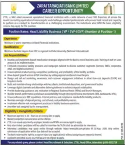 Zarai Taraqiati Bank Limited ZTBL Jobs 2026 Apply Online Ad